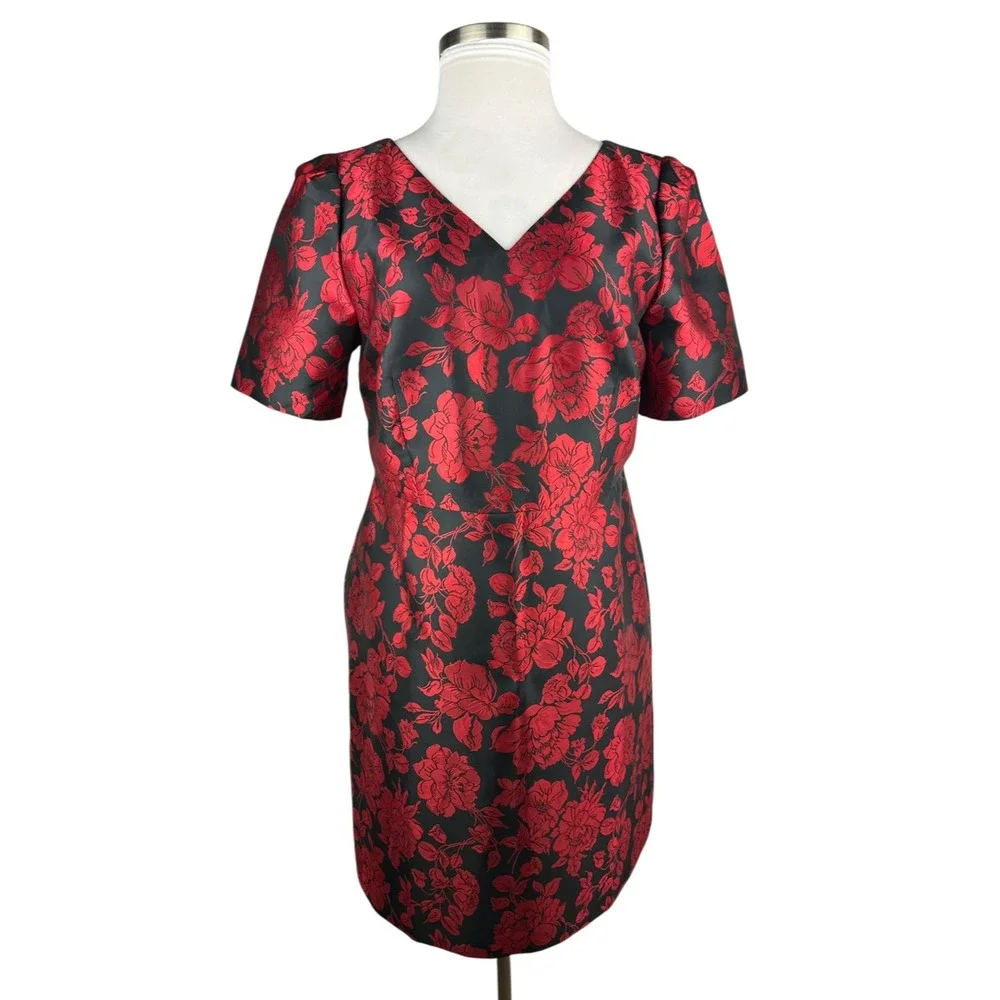 NWT Talbots Back Bow Floral Jacquard A-Line Dress Red Black Lined Zip Size 14 - Picture 2 of 16